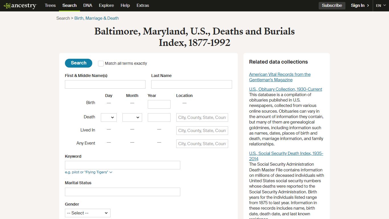 Baltimore, Maryland, U.S., Deaths and Burials Index, 1877-1992